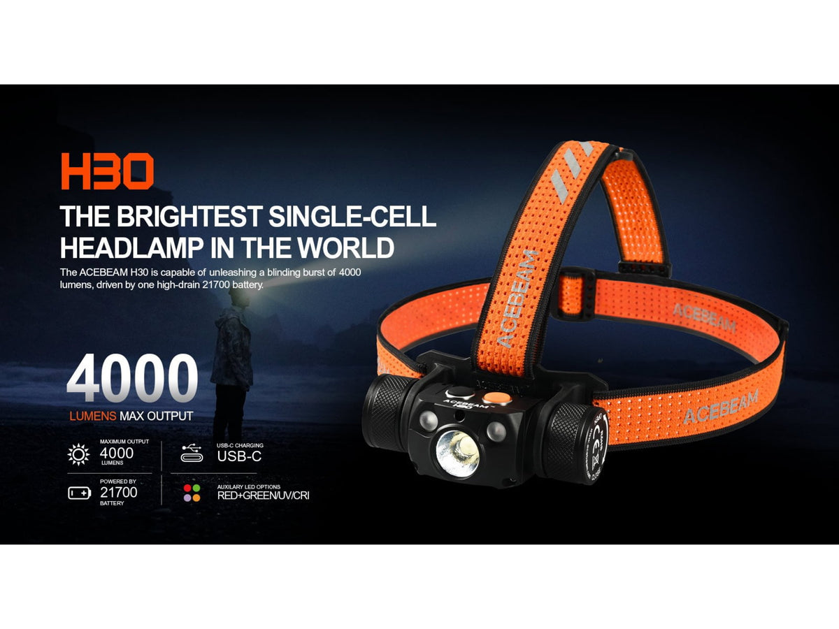 Acebeam H30 1 x 21700 CREE XHP70.2 LED Rechargeable Headlamp 4000 Lumens Cool White/ Green/ Red Black H30 R+G -CW