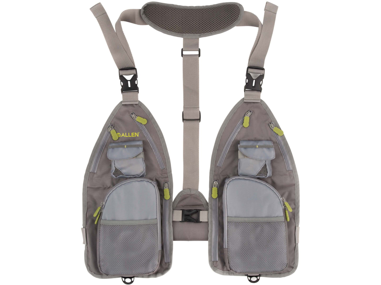 Allen Ultra-Light Gallatin Strap Fly Fishing Vest Fits up to 4 Tackle/Fly Boxes 14 Accessory Pockets Gray/Lime 6370