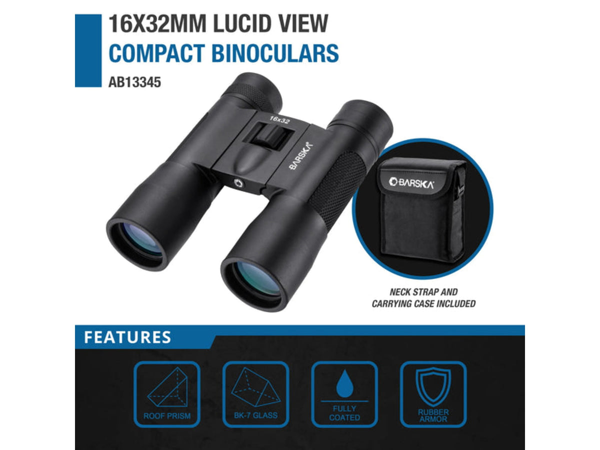 Barska Lucid View Compact 16x32mm Roof Prism Binoculars Black Small AB13345