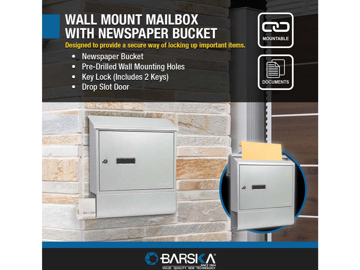 Barska Contemporary Wall Mount Mailbox. 10in Width Gray Medium CB13698