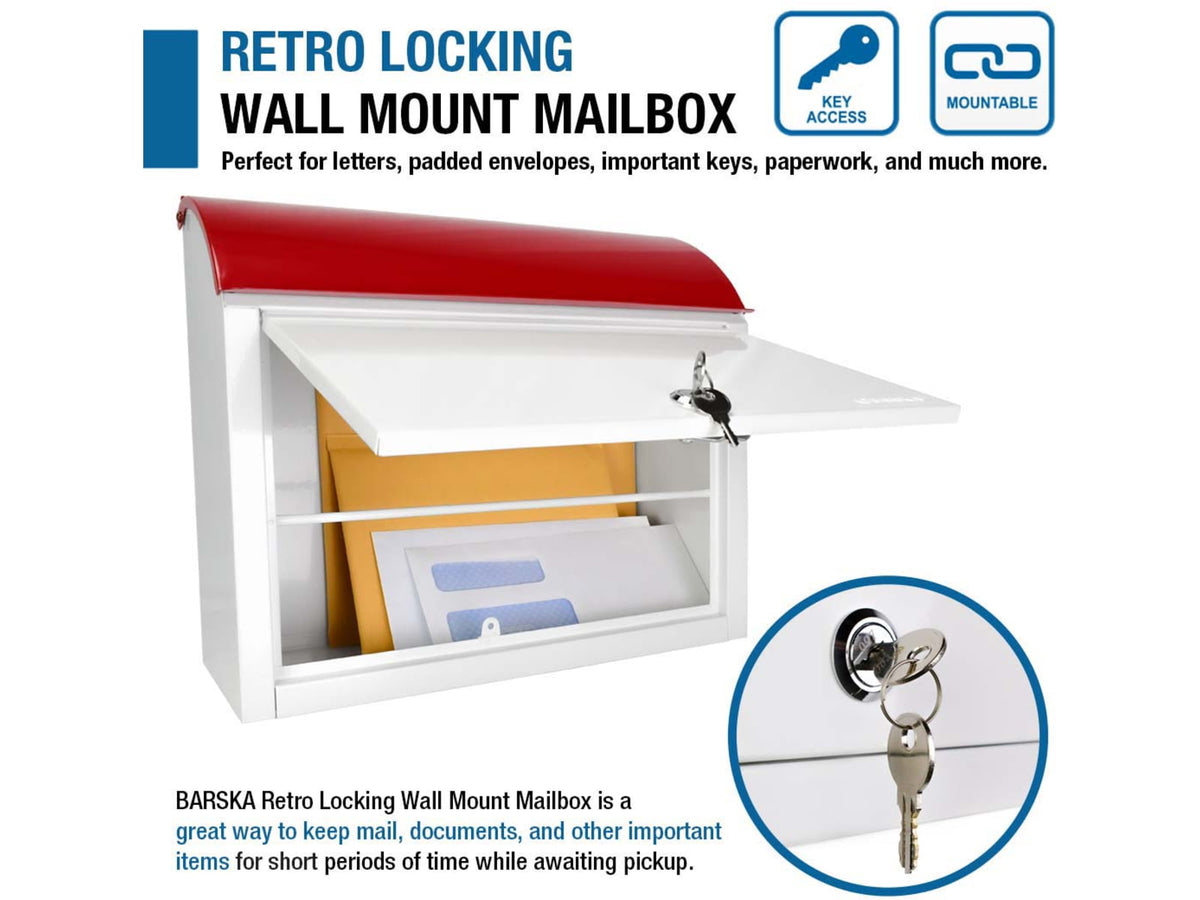Barska Retro Locking Wall Mount Mailbox. 13in Width Cream-Red Small CB13700