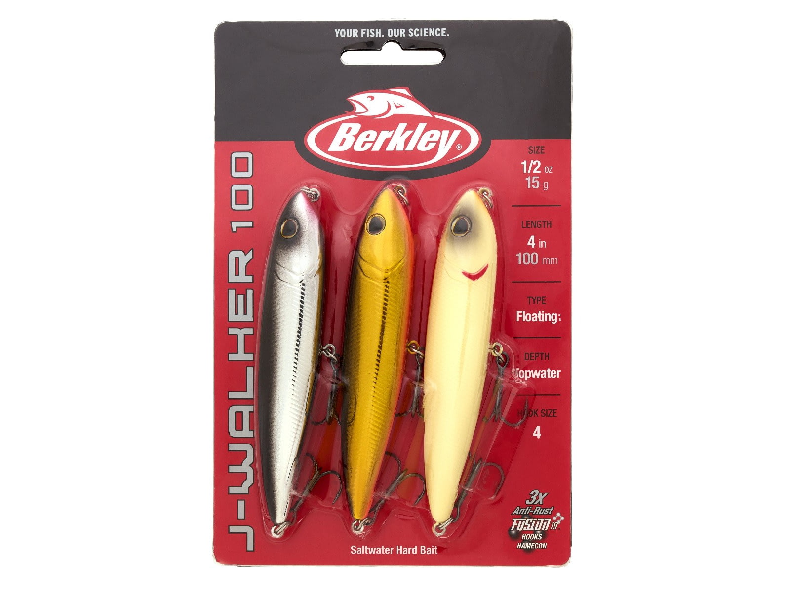 Berkley J-Walker 100 Saltwater Pro Pack Hard Bait Kit Topwater Saltwater 100 1/2 oz 100mm Topwater Hook Size 4 2 Hooks Varies 1563368