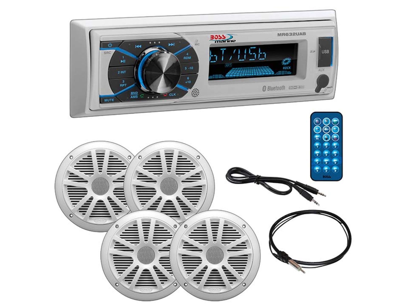 Boss Audio Marine Single Din Media Receiver with Bluetooth and 2 Pair of 6.5in Speakers Antenna and Aux White MCK632WB.64