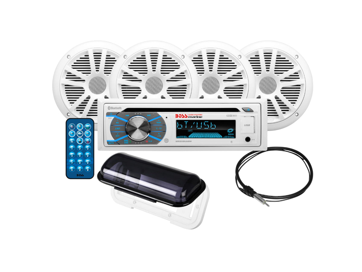 Boss Audio MCK508WB.64S Package w/MR508UABW Stereo - 2-Pair MR6W Speakers & MRC5 Enclosure & Antenna MCK508WB.64S
