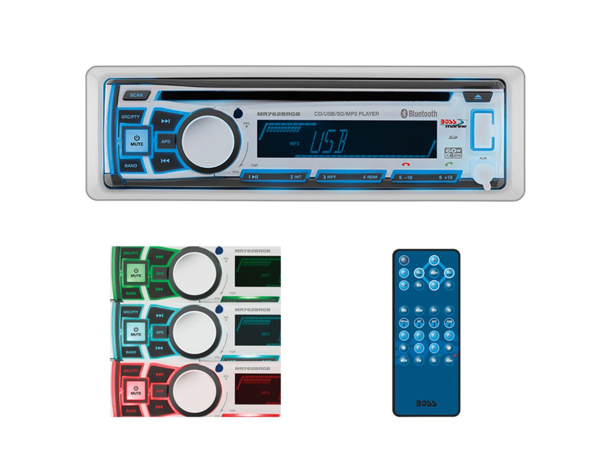 Boss Audio Single din Marine Bluetooth/MP3/CD/CDRwith AM/FM Receiver with Front Aux Input and Wireless Remote White MR762BRBG
