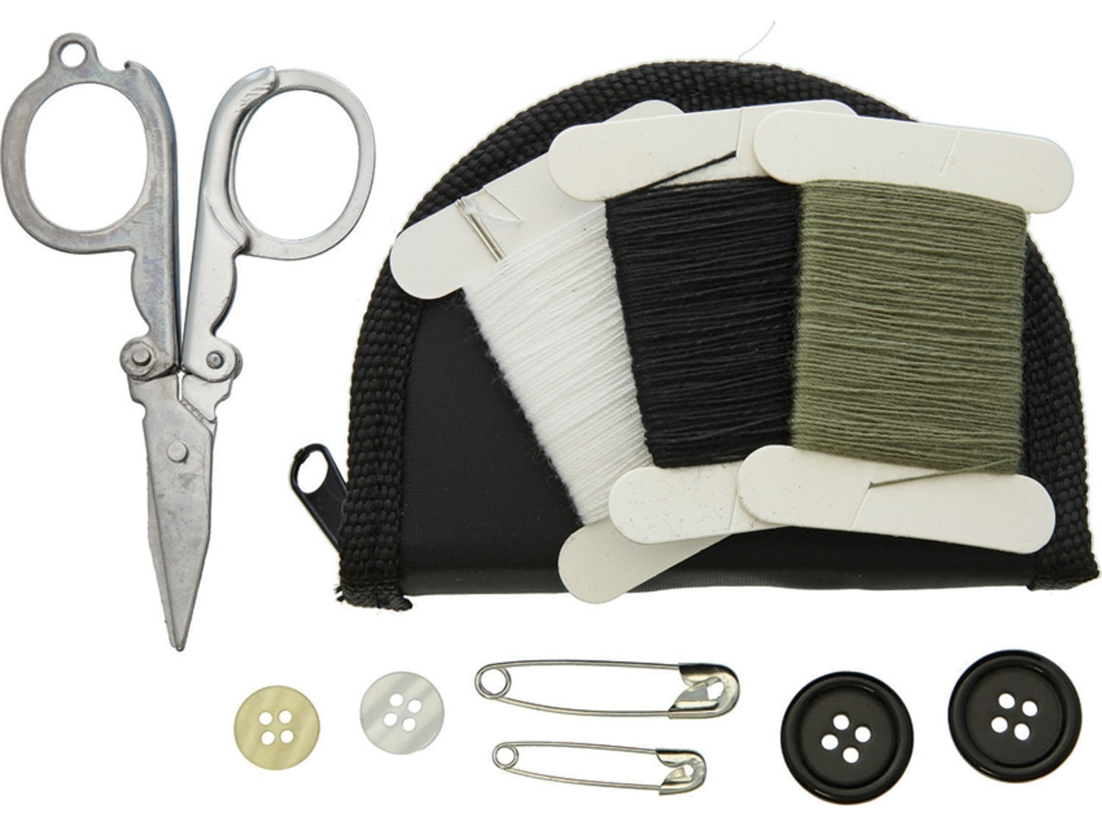 Bushcraft Sewing Kit In Zipped Pouch In Black Nylon Zippered Storage Pouch Contains 3 Thread White Black Green 2 Safety Pins 4 Buttons Scissors Black Nylon Case RP135A