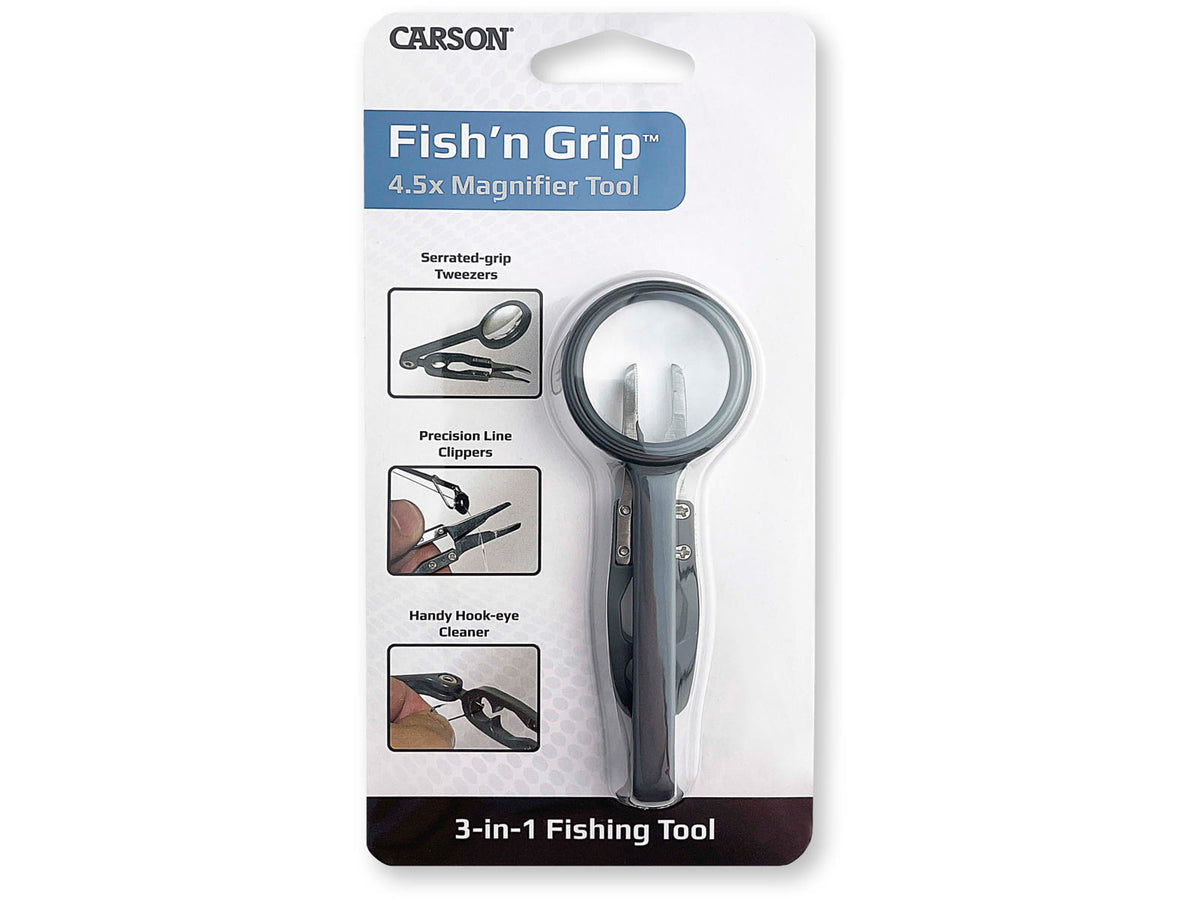 Carson Fishn Grip 4x Magnifier w/Attached Precision Tweezers Hook Cleaner and Line Cutter OD-99