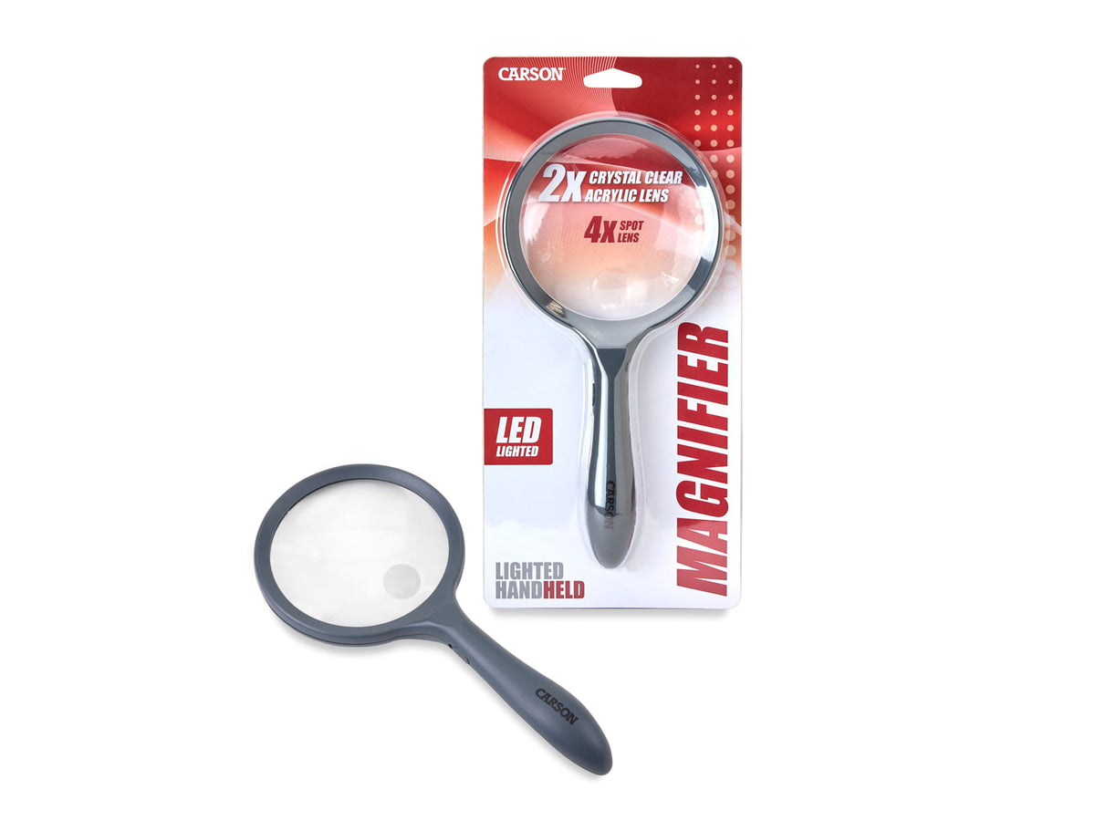 Carson LED Lighted HandHeld 2x Magnifier w/4x Spot Lens Gray hm-44