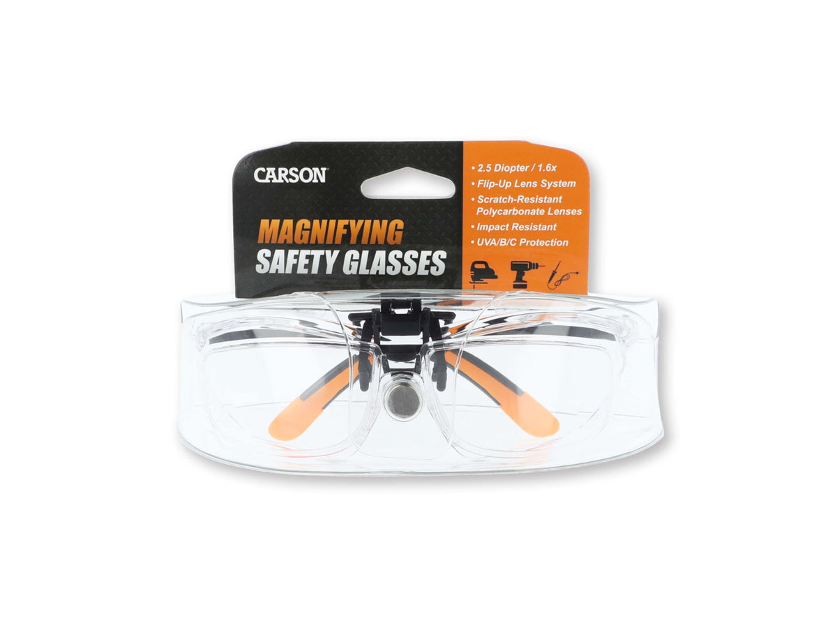 Carson Magnifying Safety Glasses Scratch-Resistant Poly Carbonate Lenses Clear 2.5 diopter vm-20