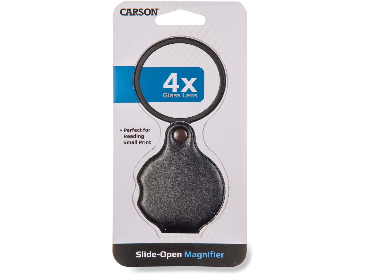 Carson Slide-OpenGlass Magnifier 4x w/Attached Case Black Small GN-11