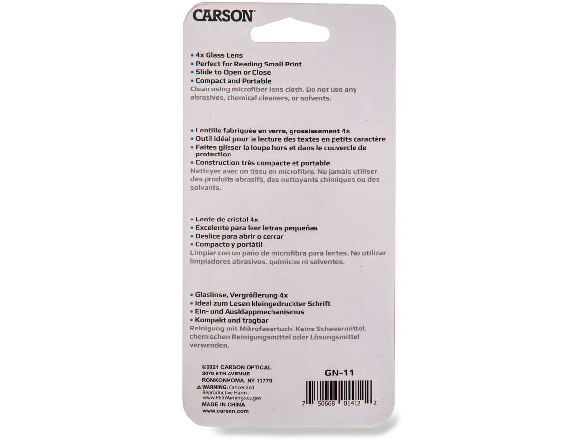 Carson Slide-OpenGlass Magnifier 4x w/Attached Case Black Small GN-11