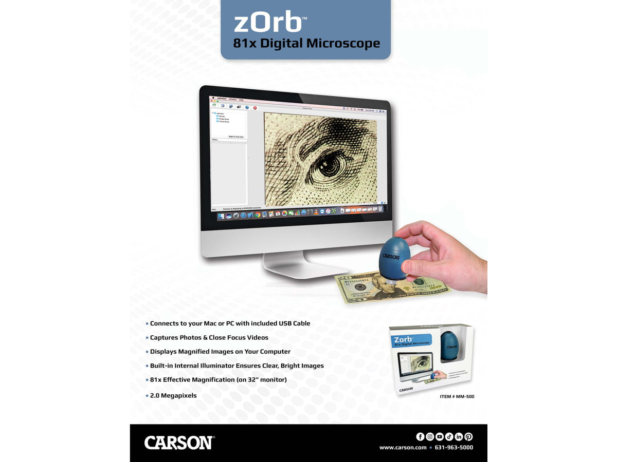 Carson zOrb LED Lighted USB Digital Computer Microscope Blue Small MM-500