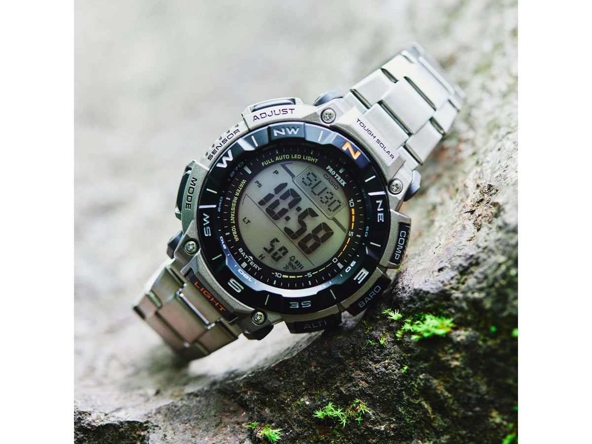 Casio Outdoor Casio Pro Trek Solar Watch Triple Sensor Watching Featuring an Altimeter Barometer Digital Compass Thermometer and 100M WR Titanium Band