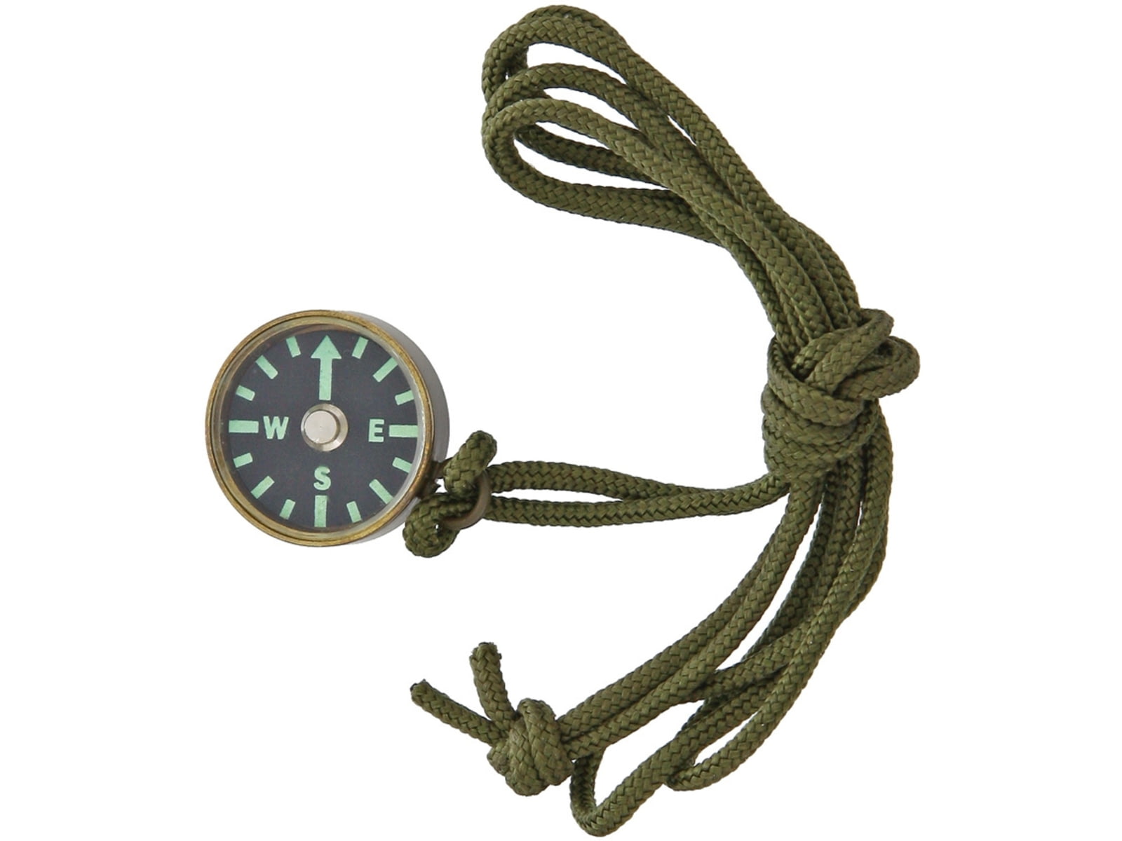 Combat Ready Compass With Neck Lanyard 3/4in Diameter Antique Brass Casing Fluorescent Green Glow-In-The Dark Markings OD Green Nylon Cord Lanyard J20