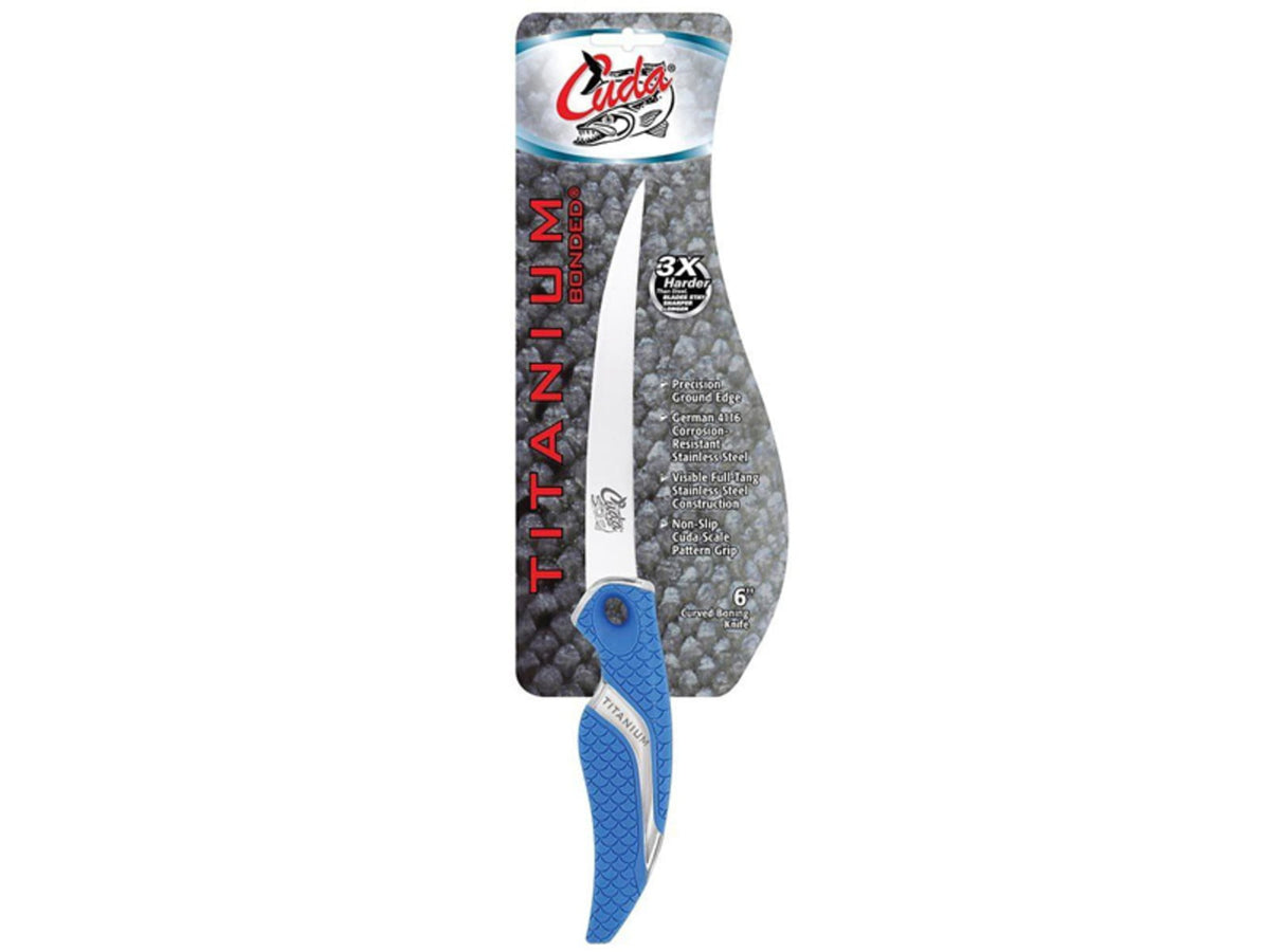 Cuda 6in Titanium Bonded Curved Boning Knive Titanium Bonded Blade Non-Slip Cuda Scale Pattern 18833