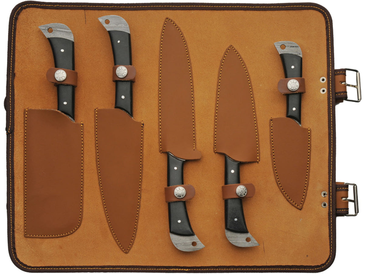 Damascus Kitchen Knife Set with Roll DM1396