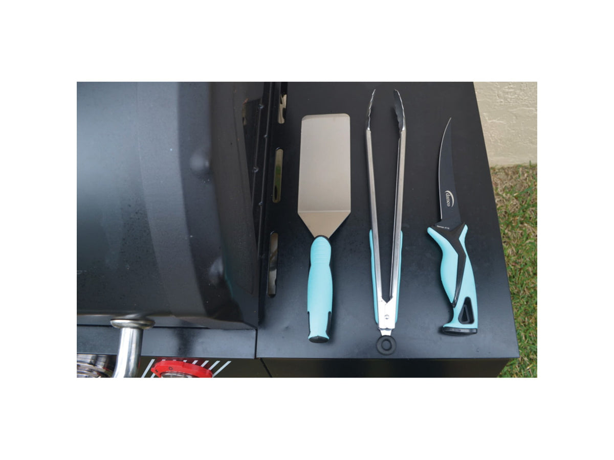 Danco Pro Series 4-Piece Grilling Kit 12in Overall 7in 4116 Stainless Flex Fillet Blade Black/Teal Rubberized Handles GK4-P-010