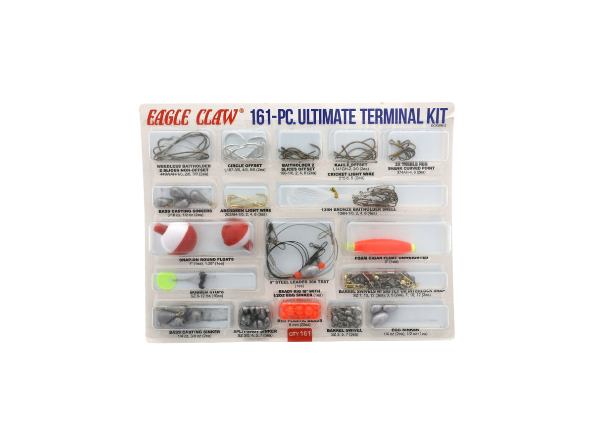 Eagle Claw Ultimate Terminal Kit Hooks Beads Swivels Split Shot Sinkers Floats Leaders 161 Pieces ECKWM-2