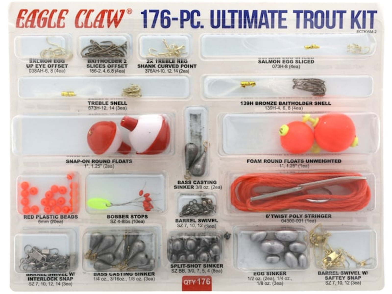 Eagle Claw Ultimate Trout Kit Hooks Beads Stops Swivels Split Shot Sinkers Floats Stringer Snells 176 Pieces ECTKWM-2