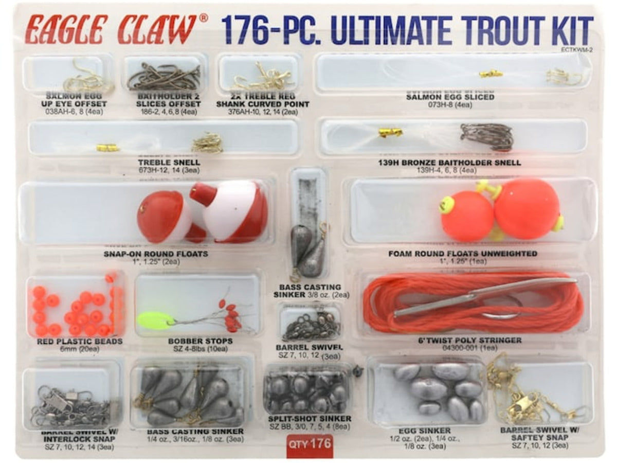 Eagle Claw Ultimate Trout Kit Hooks Beads Stops Swivels Split Shot Sinkers Floats Stringer Snells 176 Pieces ECTKWM-2