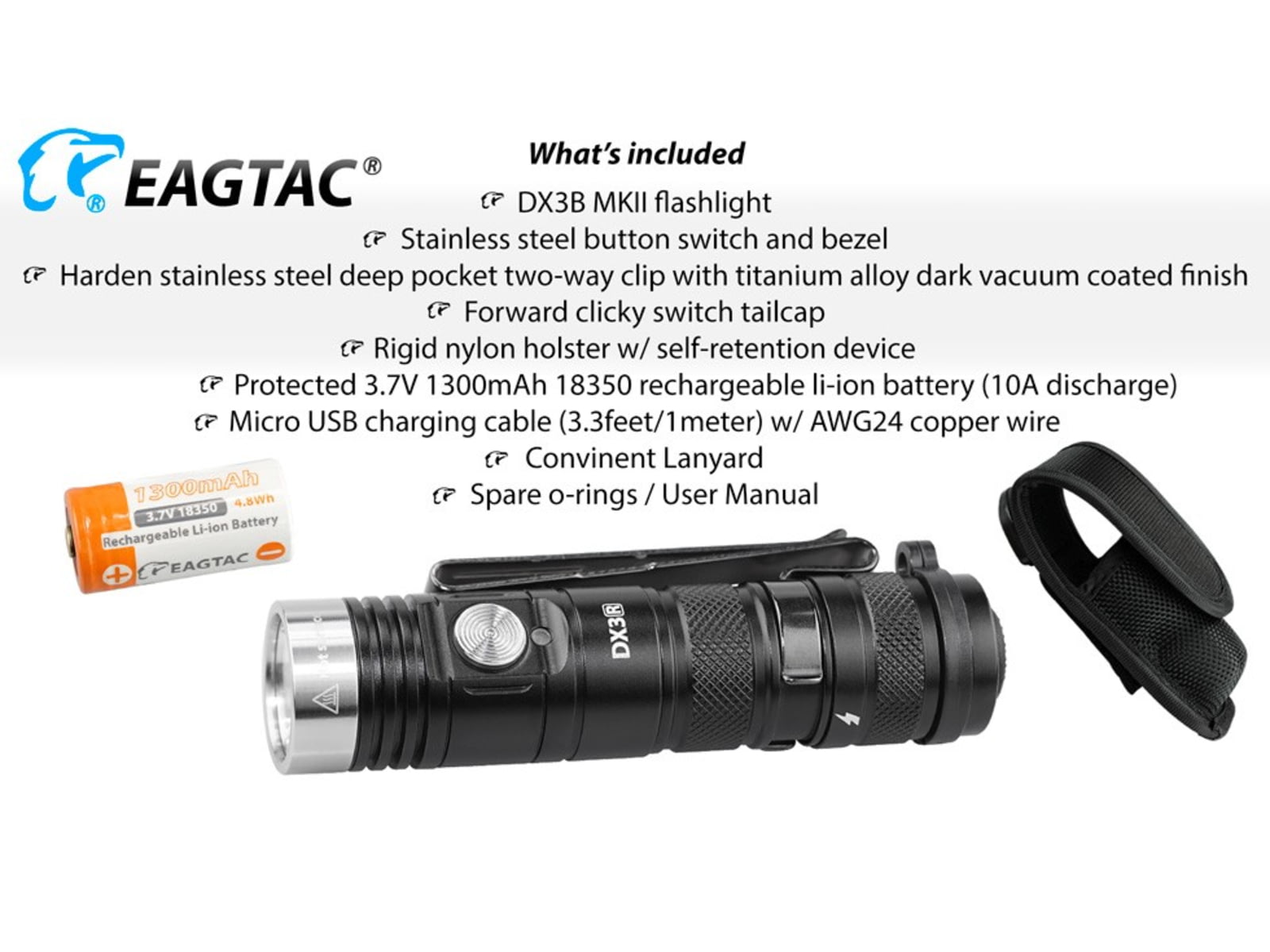 EAGTAC DX3B Clicky MKII SST70 LB LED Flashlight Black 3100lm