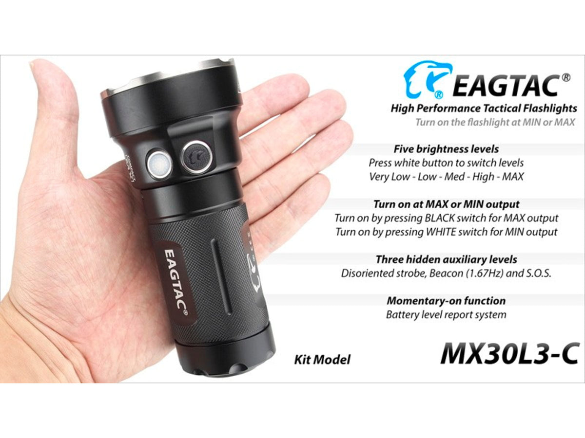 EAGTAC MX30L3-C Flashlight 6 Nichia 219B CRI-92 LED 3000lm Black