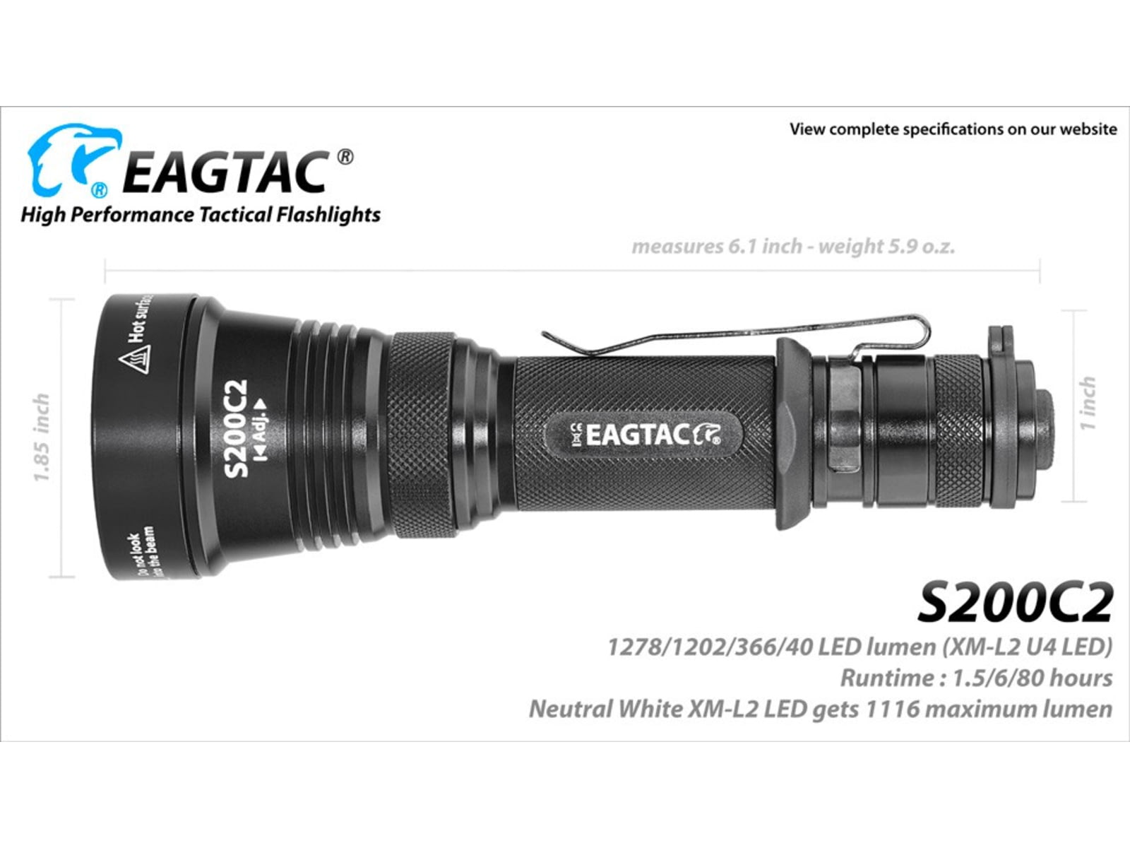 EAGTAC S200C2 Flashlight XM-L2 U4 CW LED 1278lm Black