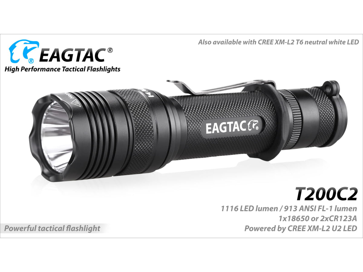 EAGTAC T200C2 XML2 U4 1277 Lumen Tactical Flashlight Medium Black T200C2-XML2-BASE-CW