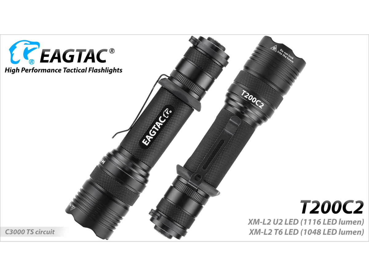 EAGTAC T200C2 XML2 U4 1277 Lumen Tactical Flashlight Medium Black T200C2-XML2-BASE-CW