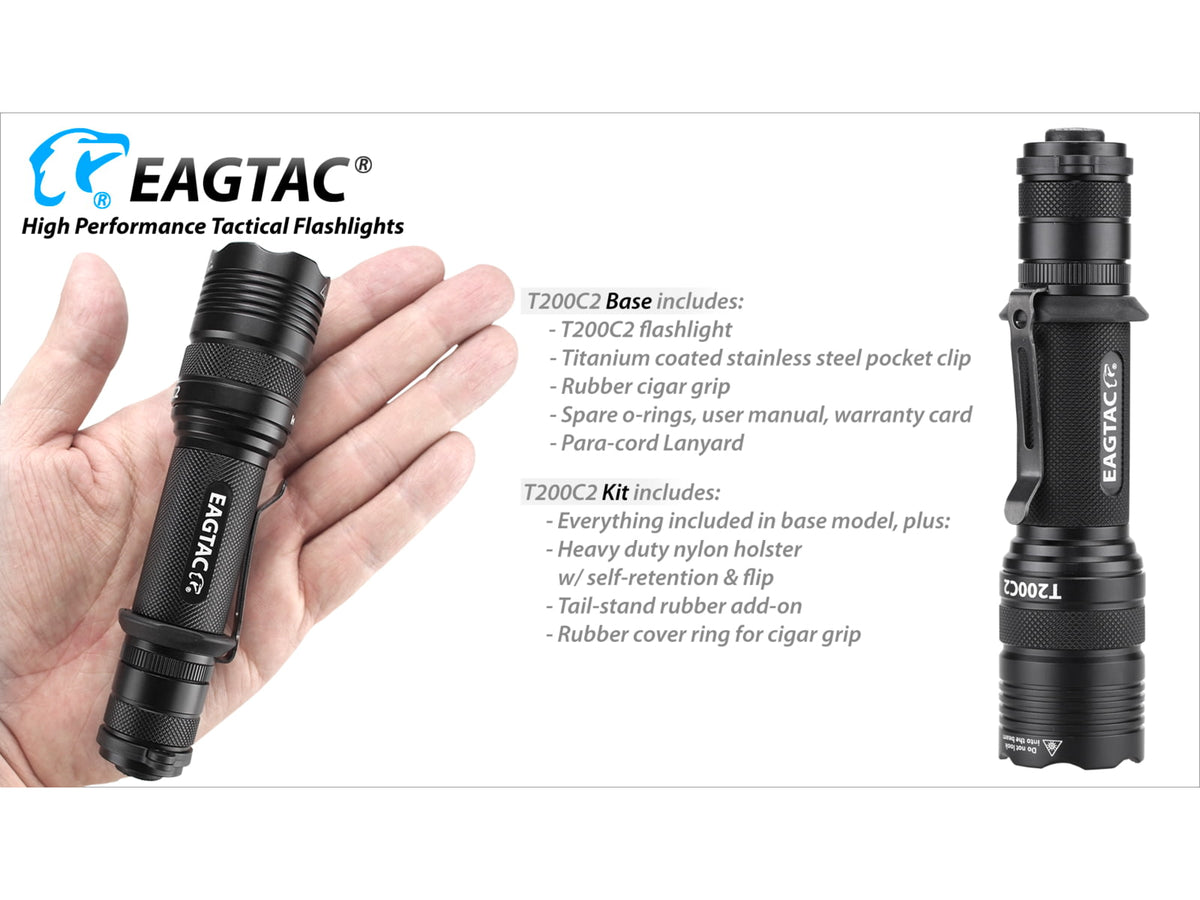 EAGTAC T200C2 XML2 U4 1277 Lumen Tactical Flashlight Medium Black T200C2-XML2-BASE-CW