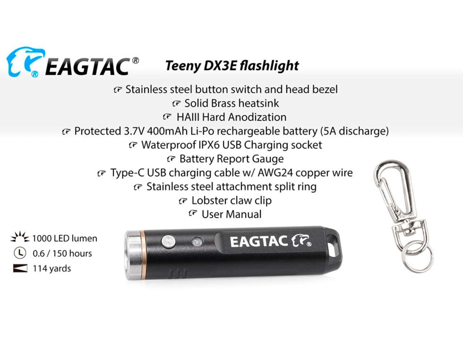EAGTAC Teeny DX3E Flashlight SST20 NW LED 930lm Black Teeny
