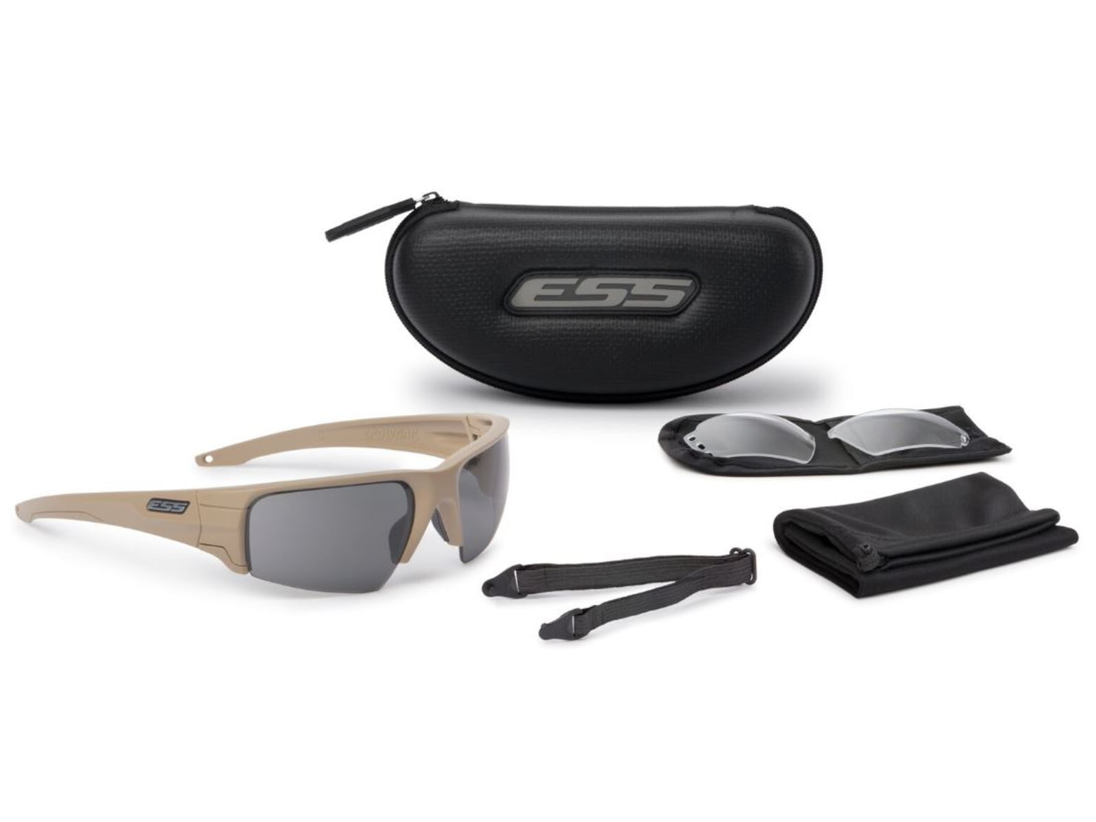 ESS Crowbar Tactical Sunglasses KitTerrain Tan FrameClear and Smoke LensesPouchStrap EE9019-05