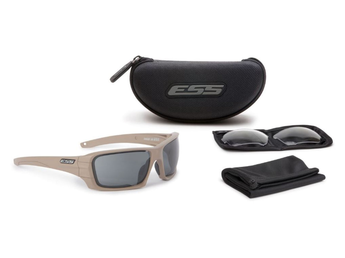 ESS Rollbar Tactical Sunglasses KitTerrain Tan FrameClear and Smoke LensesPouchStrap EE9018-07
