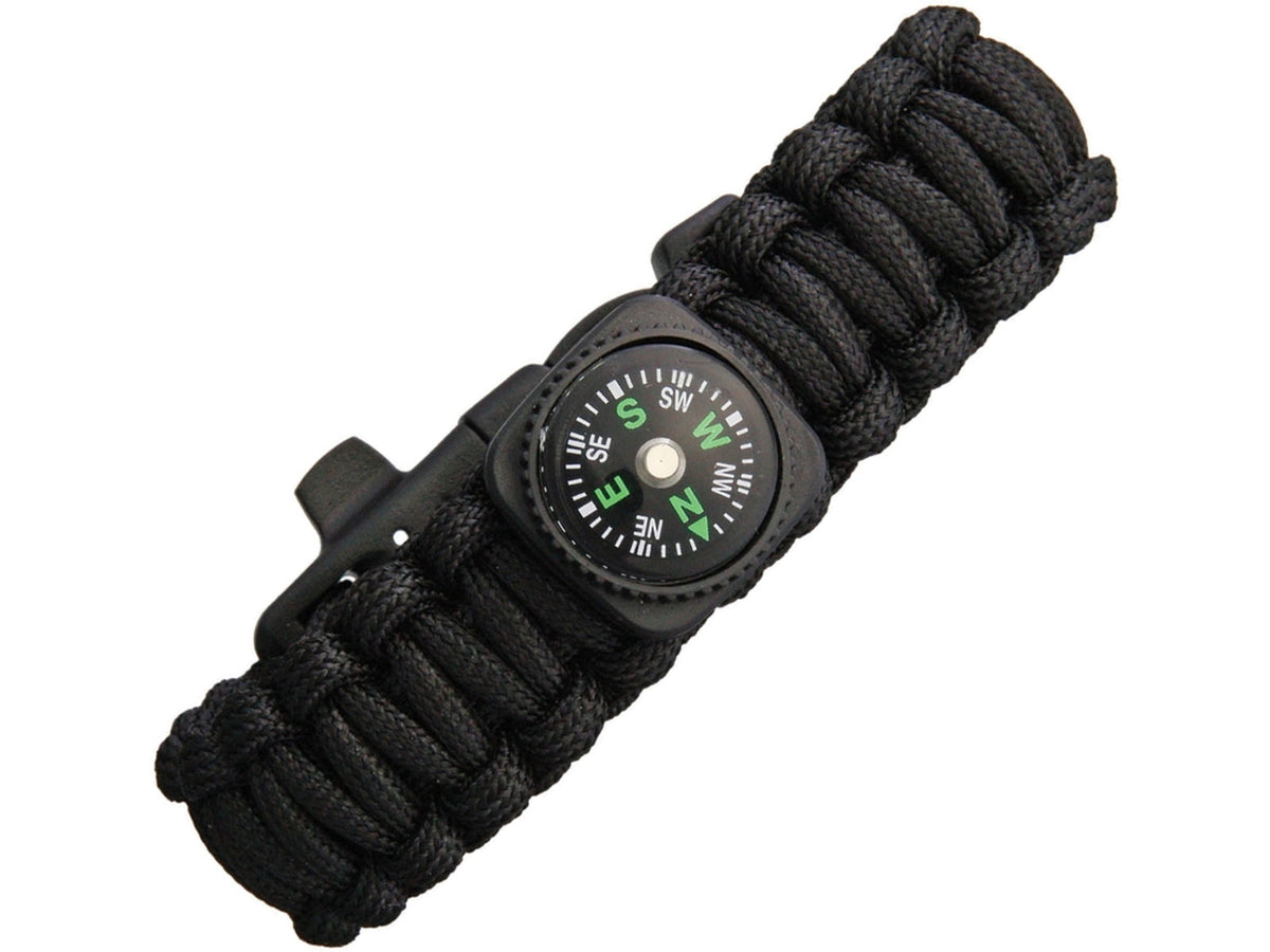 Explorer Paracord Bracelet With Compass Black Fits Wrist Up To 7.5in In Circumference Compass Firestrike Whistle E-014C BLACK-EXP61