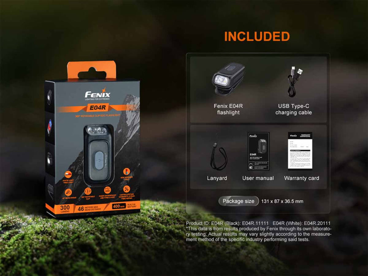 Fenix Lighting E04R Clip On Lithium Ion 300 Lumens LED Flashlight Black