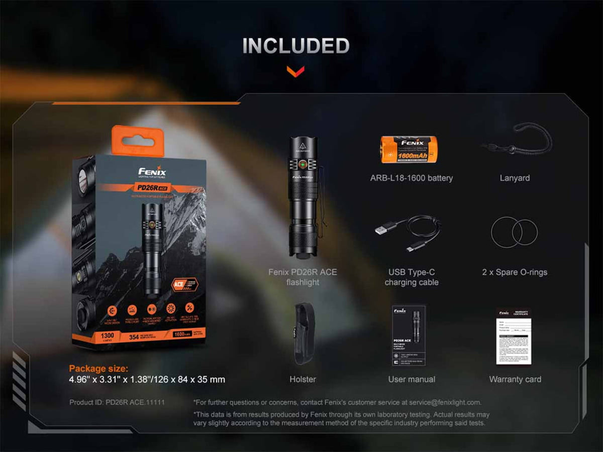 Fenix Lighting PD26R ACE Lithium Ion 1300 Lumens Luminus SFT25R LED Flashlight Black