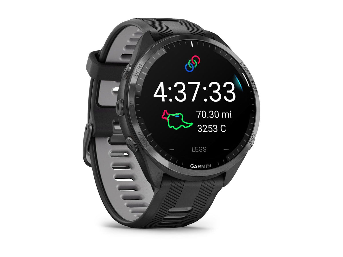 Garmin Forerunner 965 Watch Carbon Gray DLC Titanium Bezel w/ Black Case and Black/Powder Gray Silicone Band