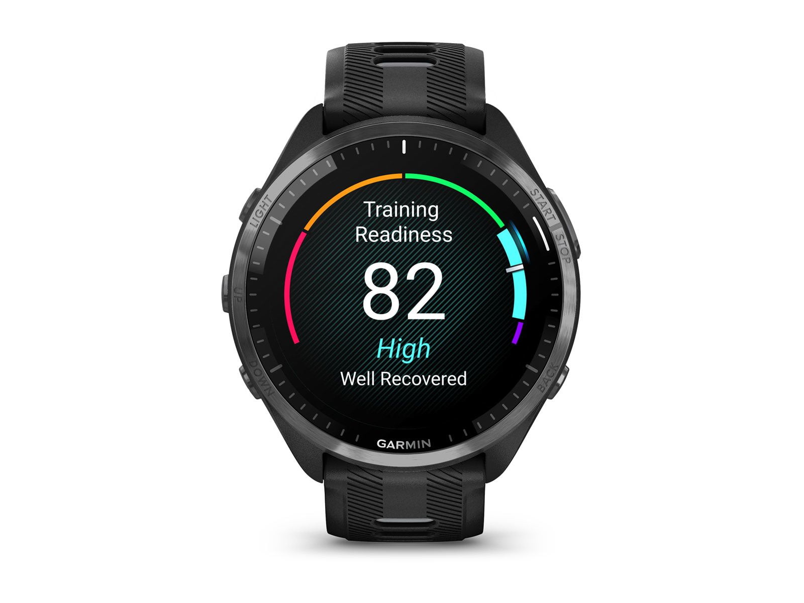Garmin Forerunner 965 Watch Carbon Gray DLC Titanium Bezel w/ Black Case and Black/Powder Gray Silicone Band