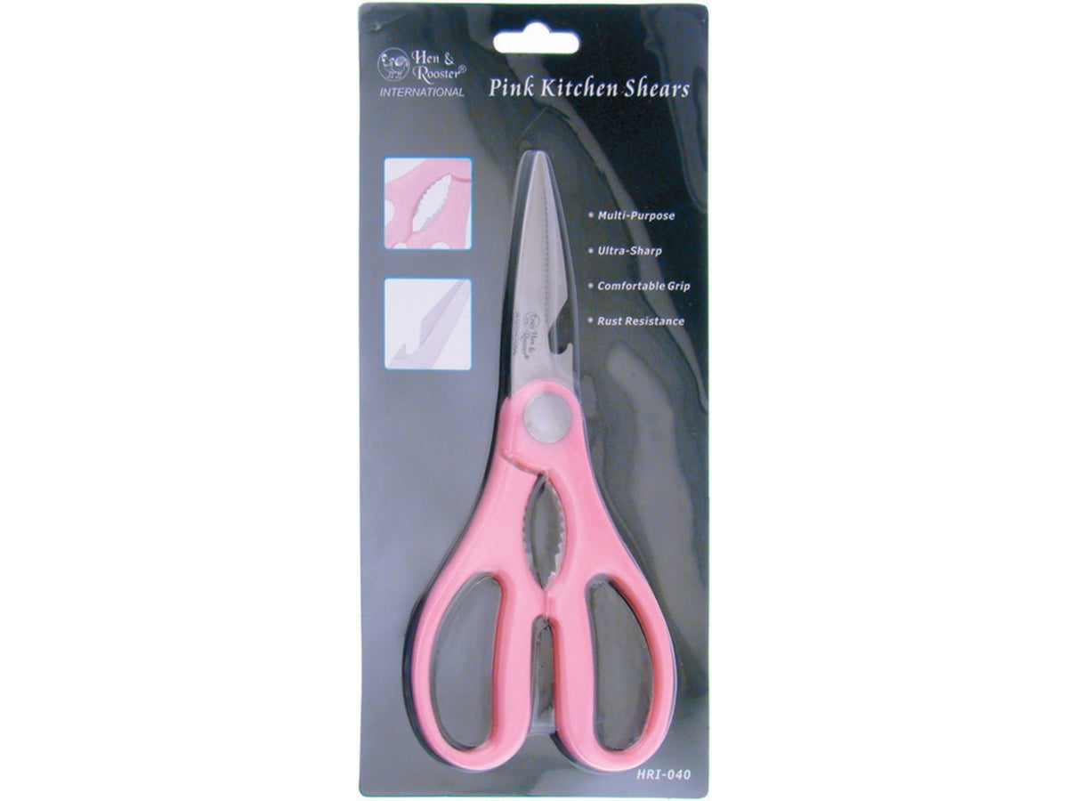 Hen & Rooster Kitchen Shears Pink Kitchen Shears 8in Overall 2.88in SS Blades Pink Synthetic Handles Nutcracker Notch Bottle Opener Pink HRI-040