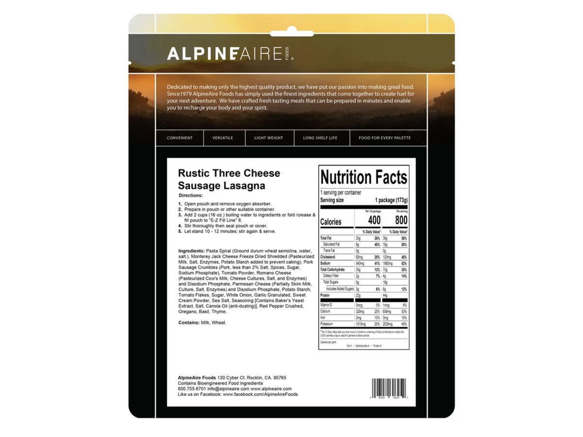 Katadyn Alpine Aire Foods Rustic Three Cheese Sausage Lasagna