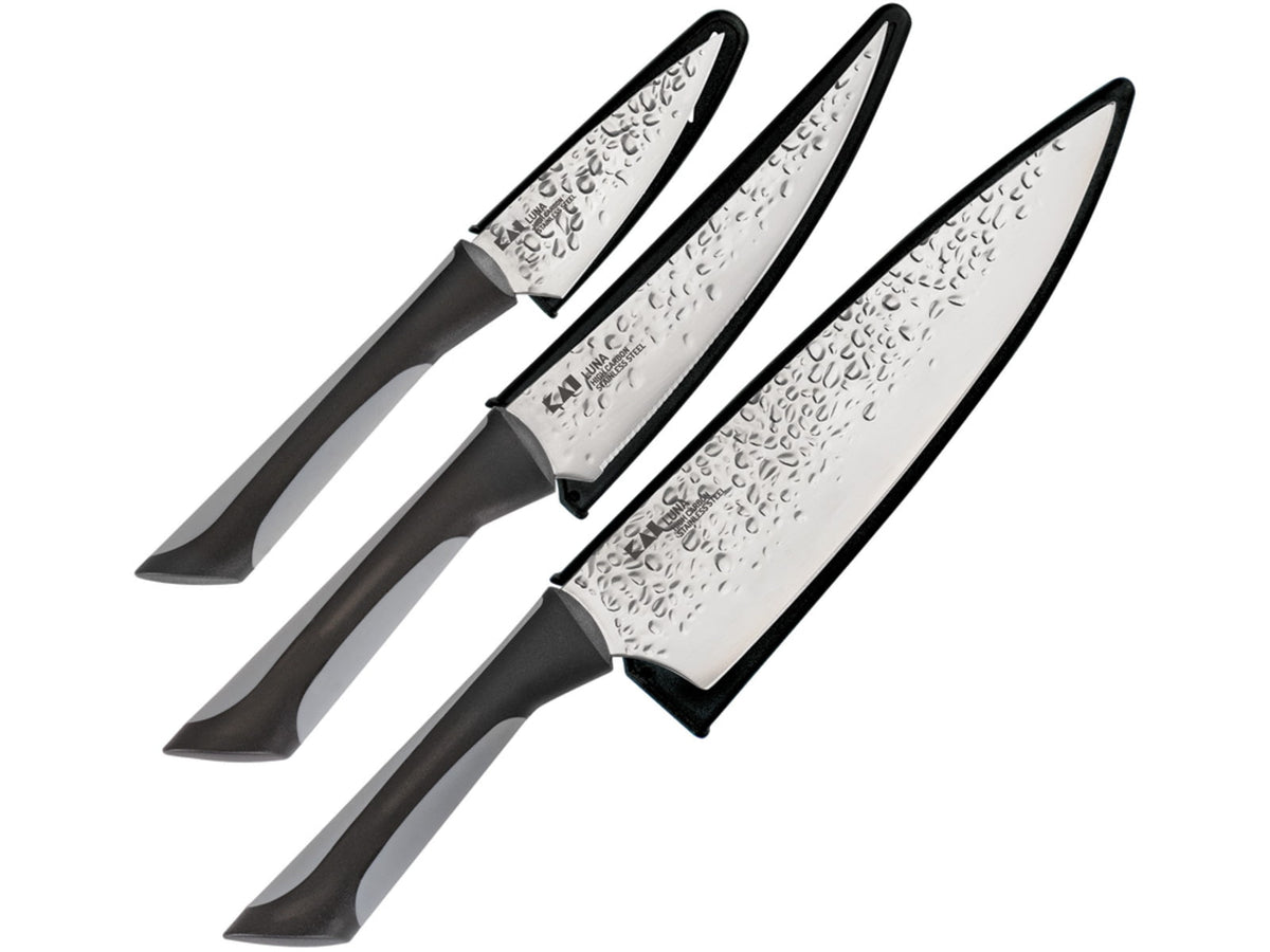 Kai Housewares Luna 3-Piece Kitchen Knife Set Stainless Steel Blades Black and Gray Handles ABS0370