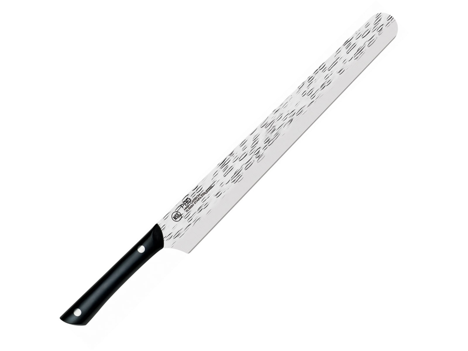 Kai Housewares Professional Slicing/Brisket Kitchen Knife 17.25in Overall 12in Hammered Finish Aus-6M SS Blade Black Pom Handle Full Tang Black HT7074