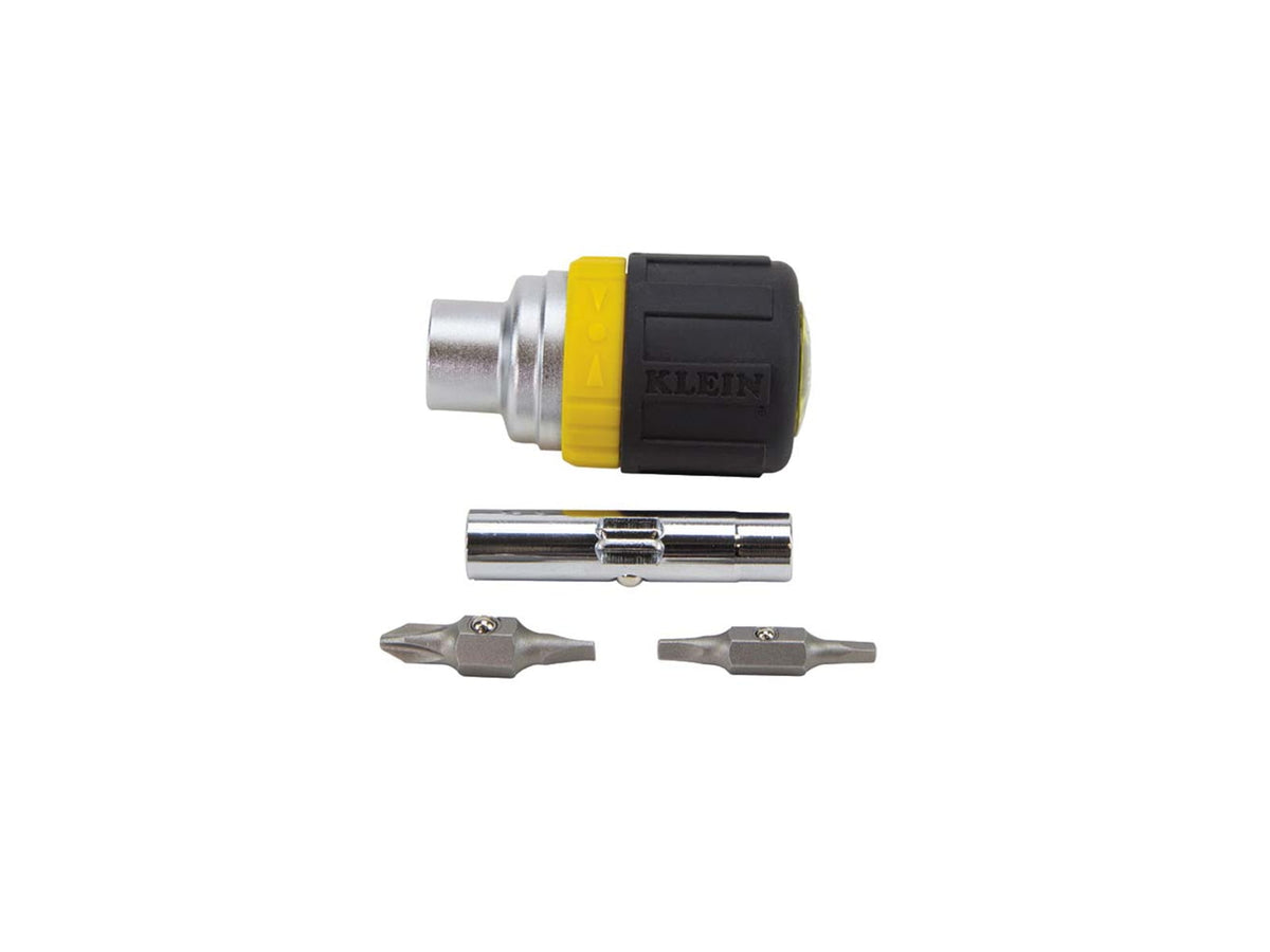 Klein Tools 6in1 Multi-Bit Ratcheting Screwdriver Stubby Ph Sl Sq Nut Bits Black/Yellow 32594