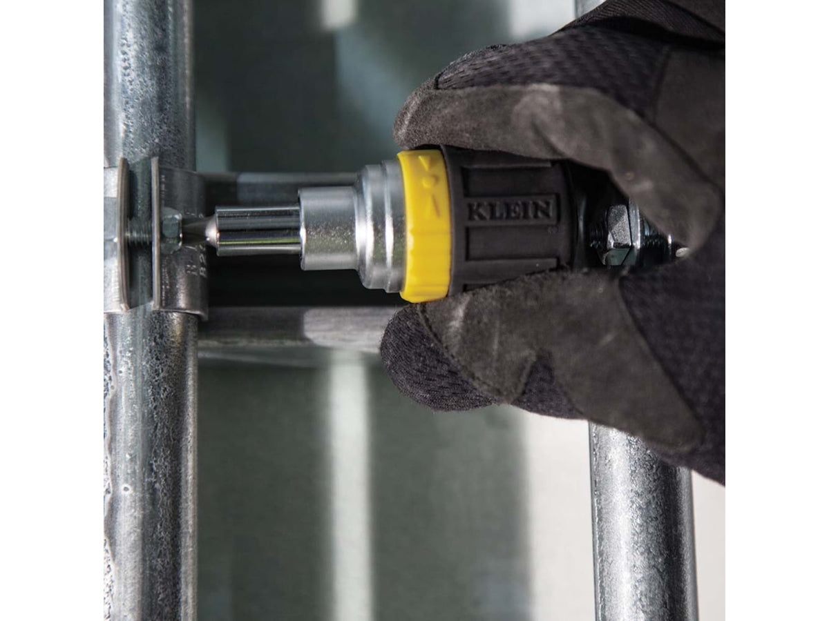 Klein Tools 6in1 Multi-Bit Ratcheting Screwdriver Stubby Ph Sl Sq Nut Bits Black/Yellow 32594