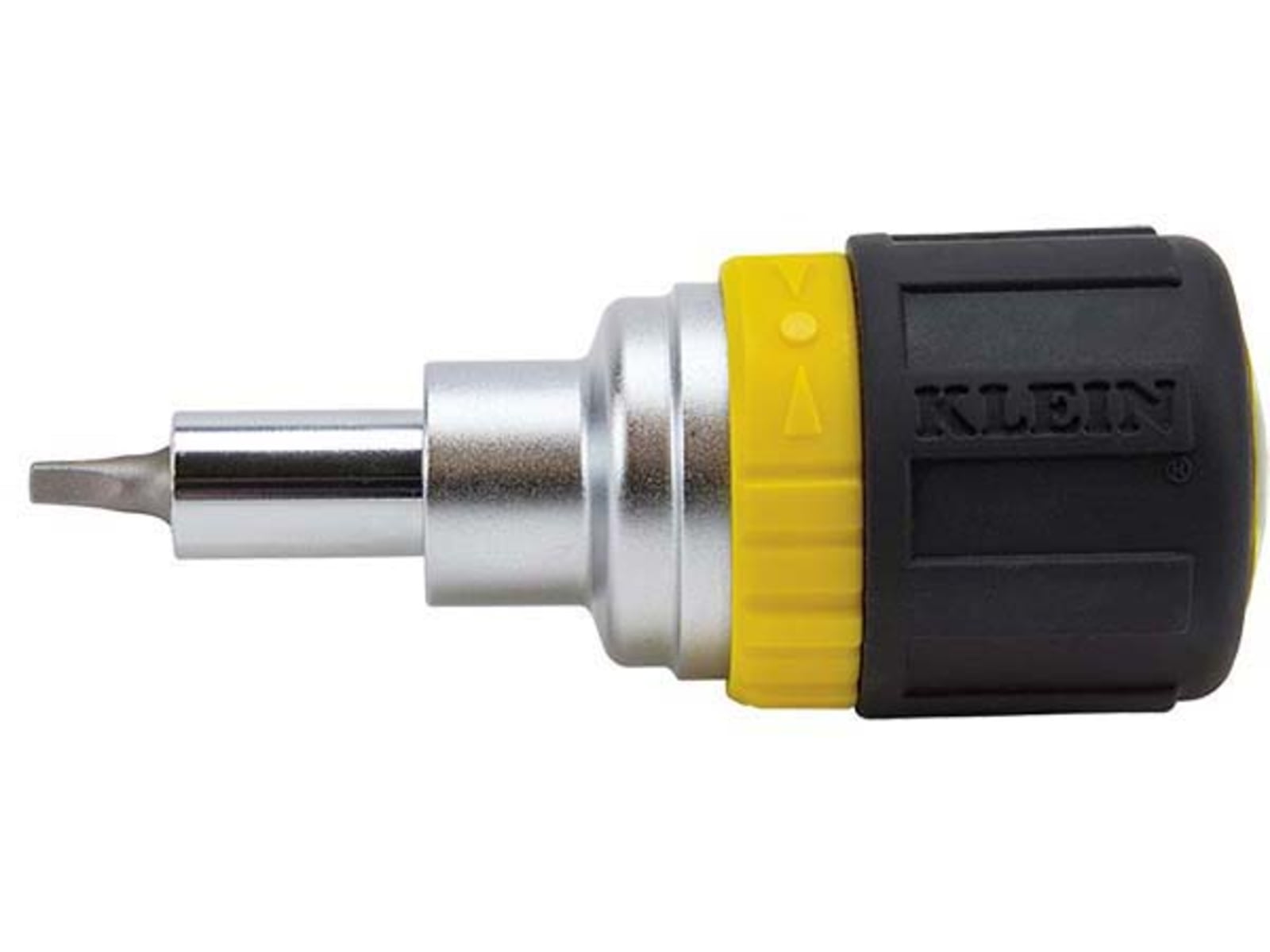 Klein Tools 6in1 Multi-Bit Ratcheting Screwdriver Stubby Ph Sl Sq Nut Bits Black/Yellow 32594