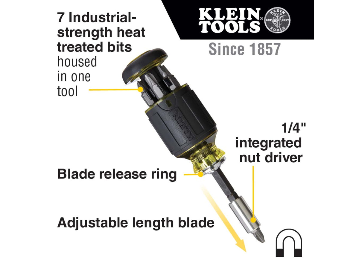 Klein Tools 8in1 Multi-Bit Adjustable Length Stubby Screwdriver Black 32308