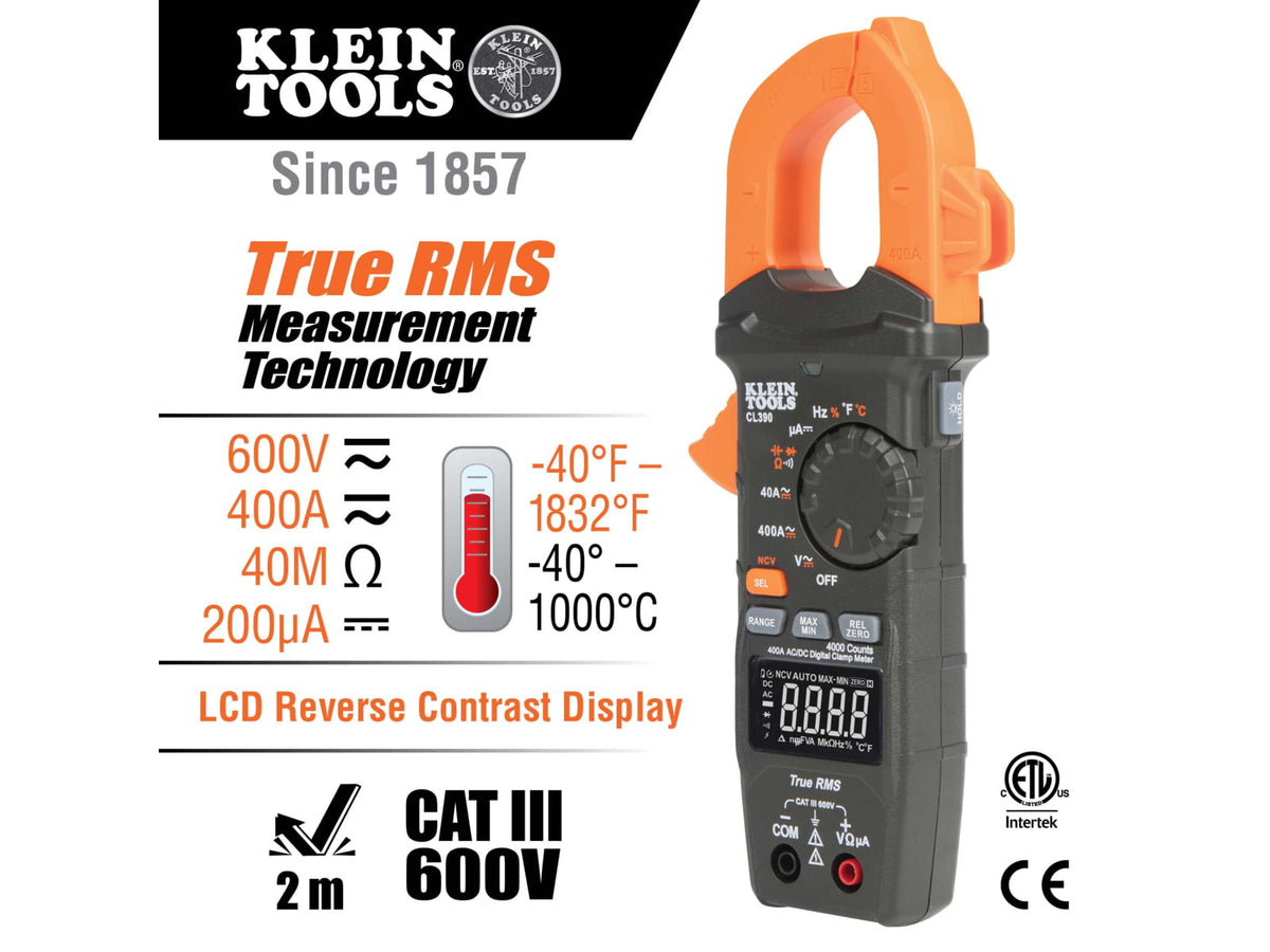 Klein Tools AC/ DC Digital Clamp Meter Auto-Ranging 400 AmP Orange/Black CL390