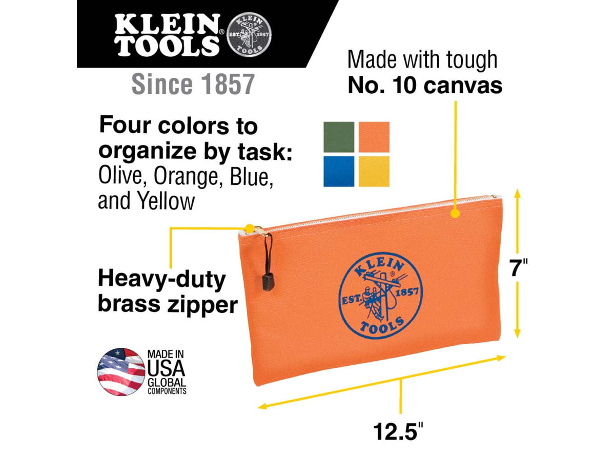 Klein Tools Canvas Tool Pouches Zipper Bags 4-Pack Olive Orange Blue Yellow