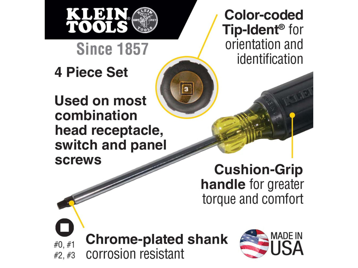 Klein Tools Square Reces Screwdriver Set 4Piece Black/Yellow 85664
