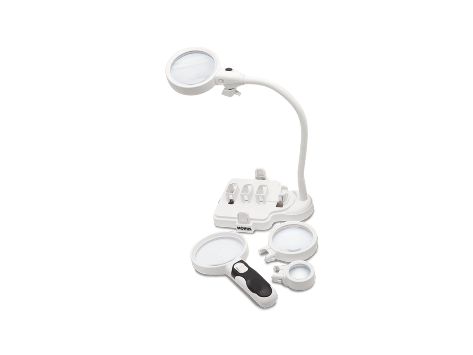 Konus Tabletop or Handheld Magnifier w/3 Interchangeable Lenses 2x-5x-16x White 3628
